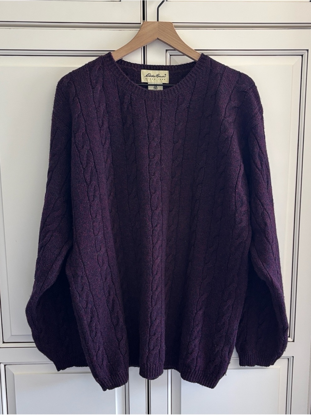 Eddie Bauer Shetland Wool Cable Knit Fisherman Crew Sweater Purple Mens Medium